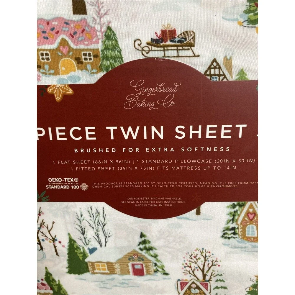 Envogue Gingerbread Town House Twin Sheet Set Christmas Pastel 3 Pieces Holidays